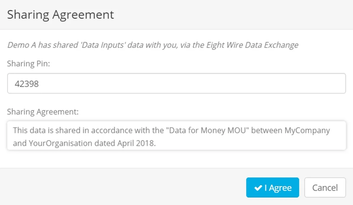 Sharing Agreement dialog with the Sharing Pin field filled in and the I Agree button
