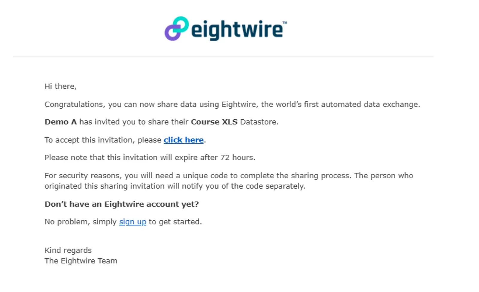 Datashare invitation email from Demo A for the Course XLS Datastore with the click here link and 72-hour expiry