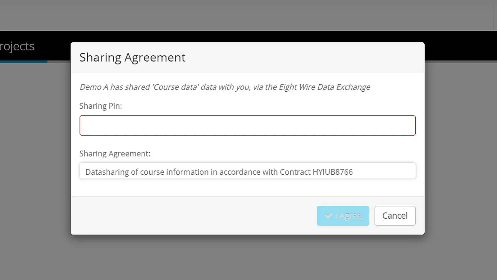 Sharing Agreement dialog with the empty Sharing Pin field outlined in red and the I Agree and Cancel buttons