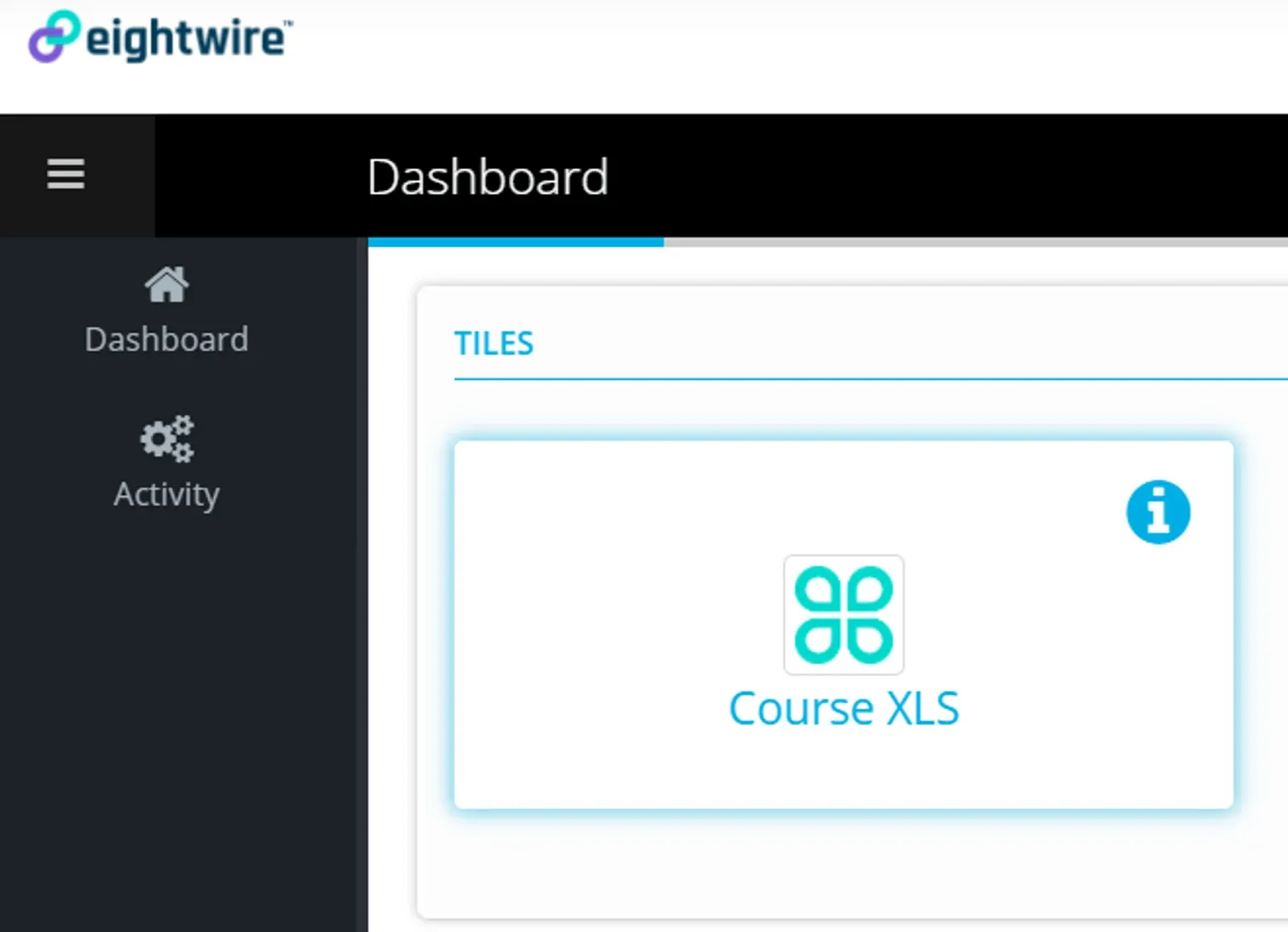 Dashboard with the TILES panel showing the Course XLS tile and its info icon