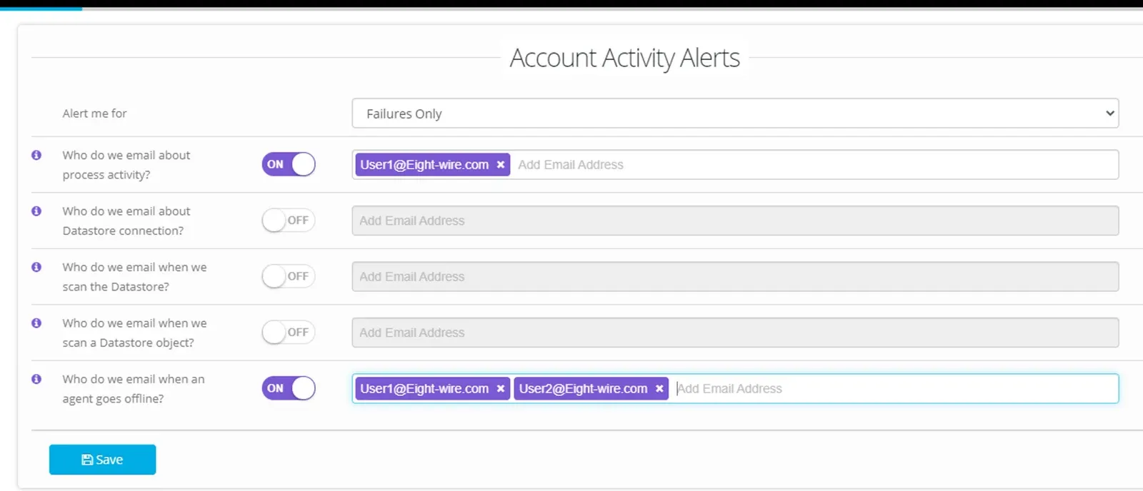 Account Activity Alerts set to Failures Only with process activity and agent goes offline toggled ON and the Save button