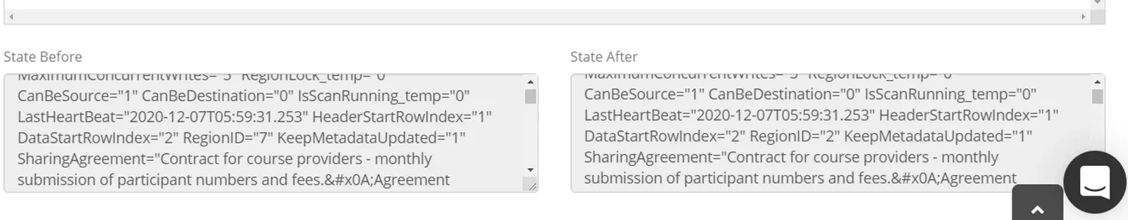 Audit result State Before and State After text panes, showing RegionID changed from 7 to 2