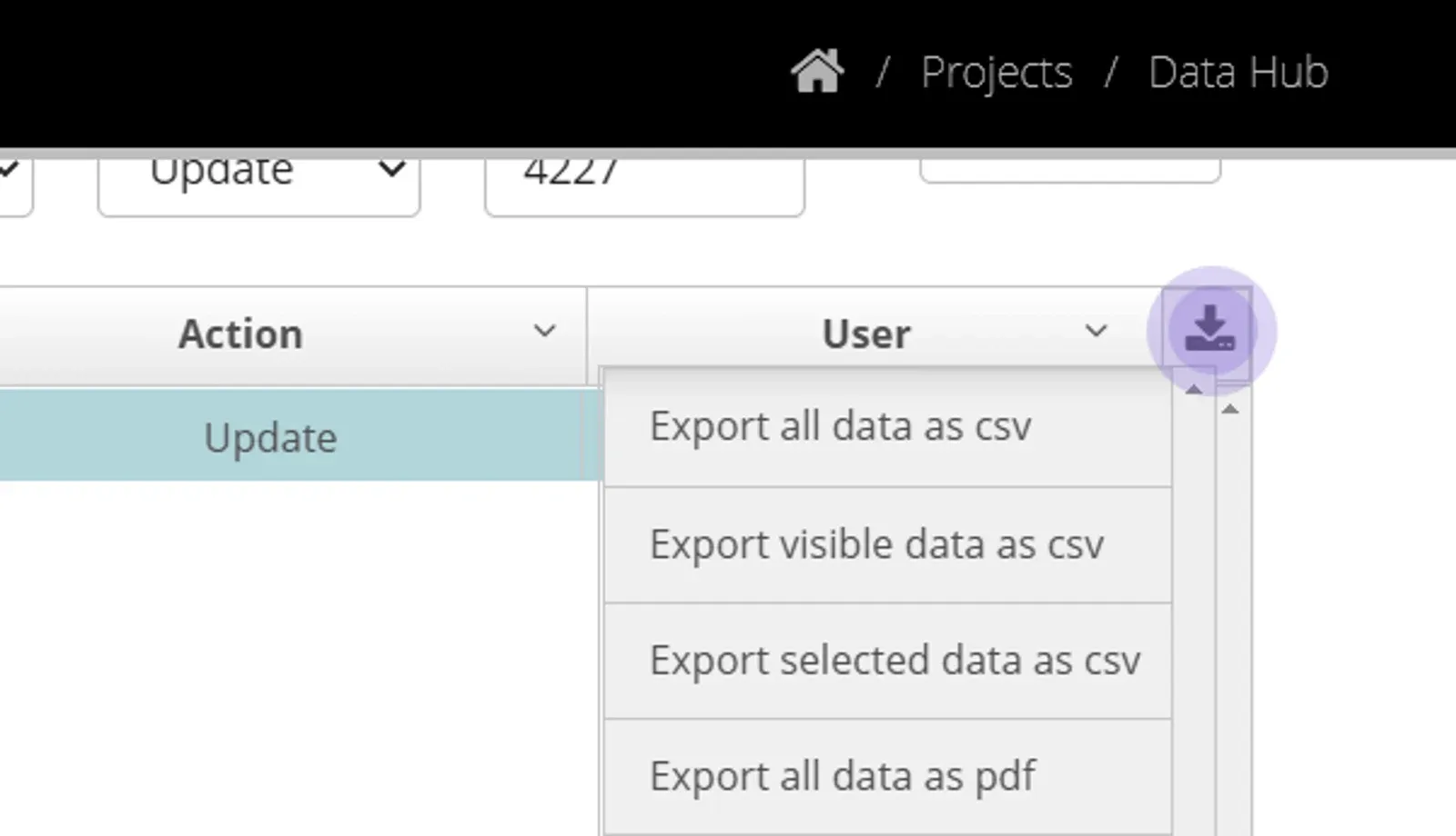 Audit results grid download icon open, listing Export all data as csv, visible data as csv, selected data as csv and all data as pdf
