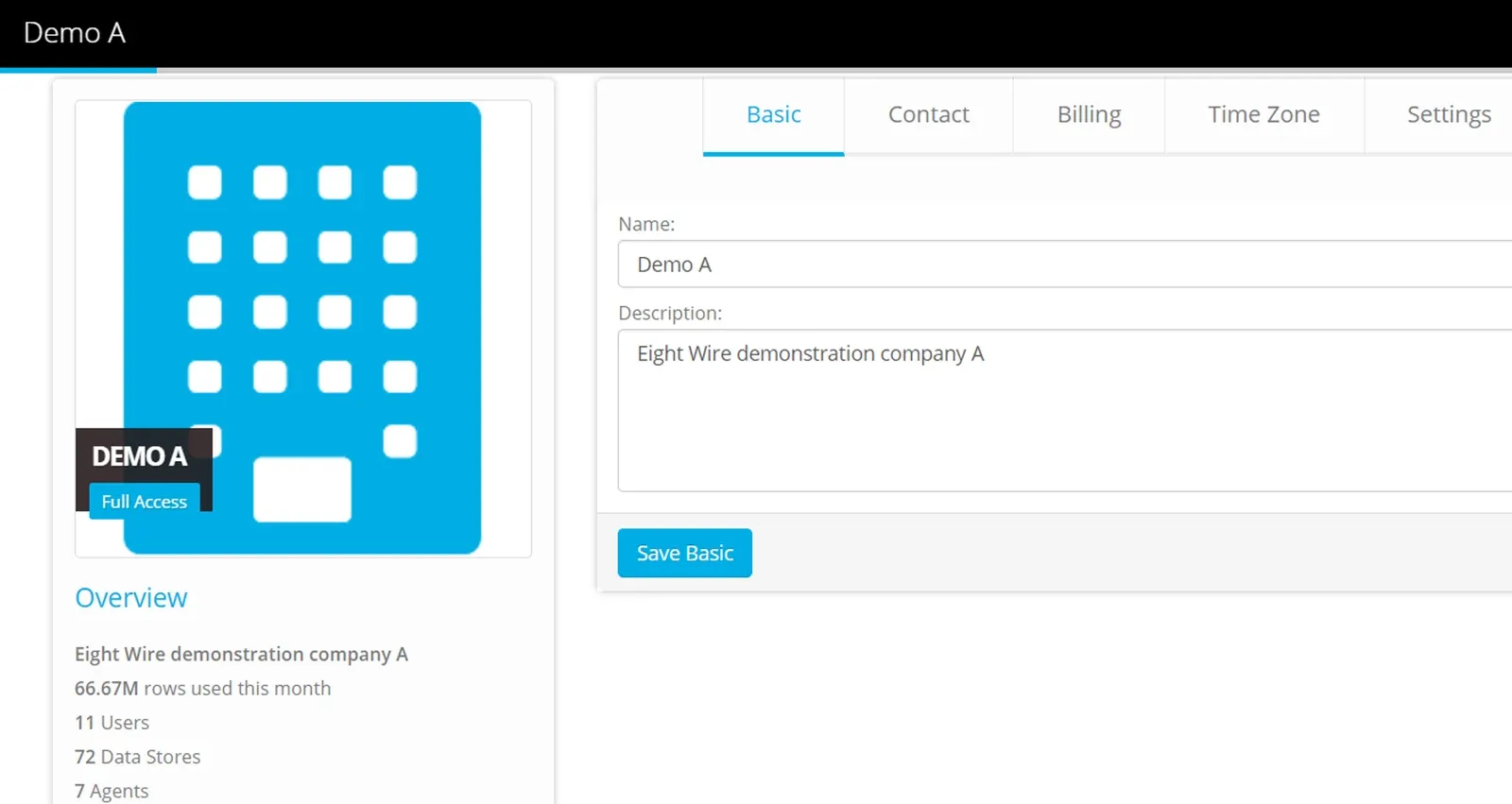 Account page Overview panel beside the Basic, Contact, Billing, Time Zone and Settings tabs, Basic showing Name and Description
