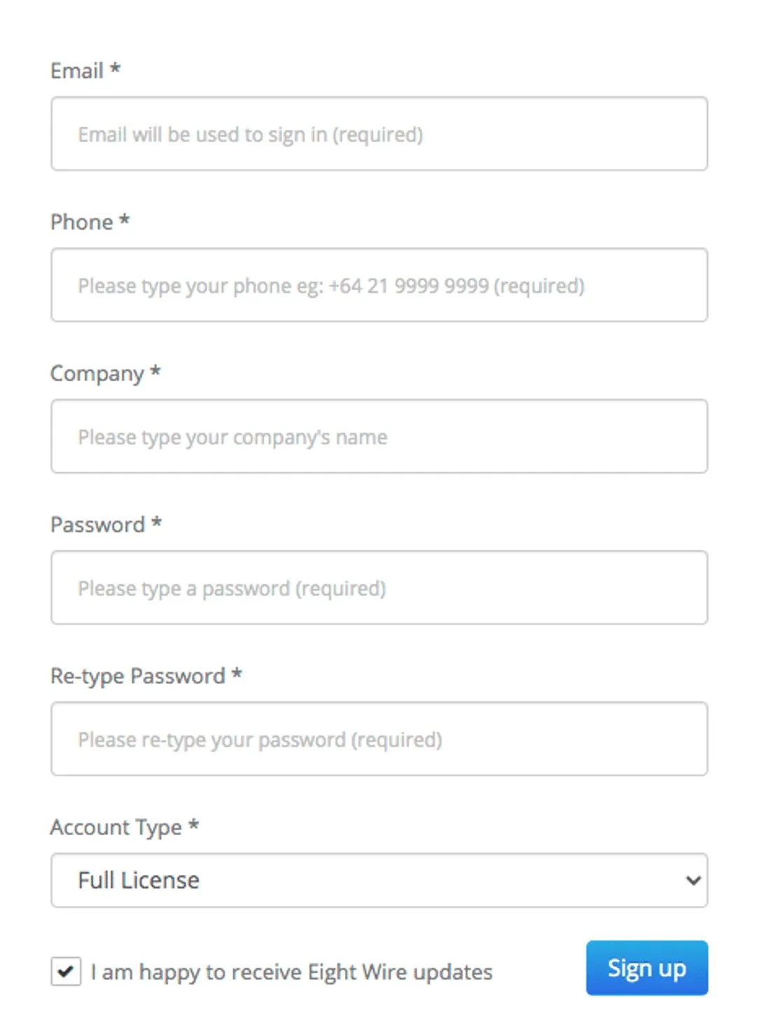 Sign up form with Email, Phone, Company, Password, Re-type Password and Account Type fields and the Sign up button