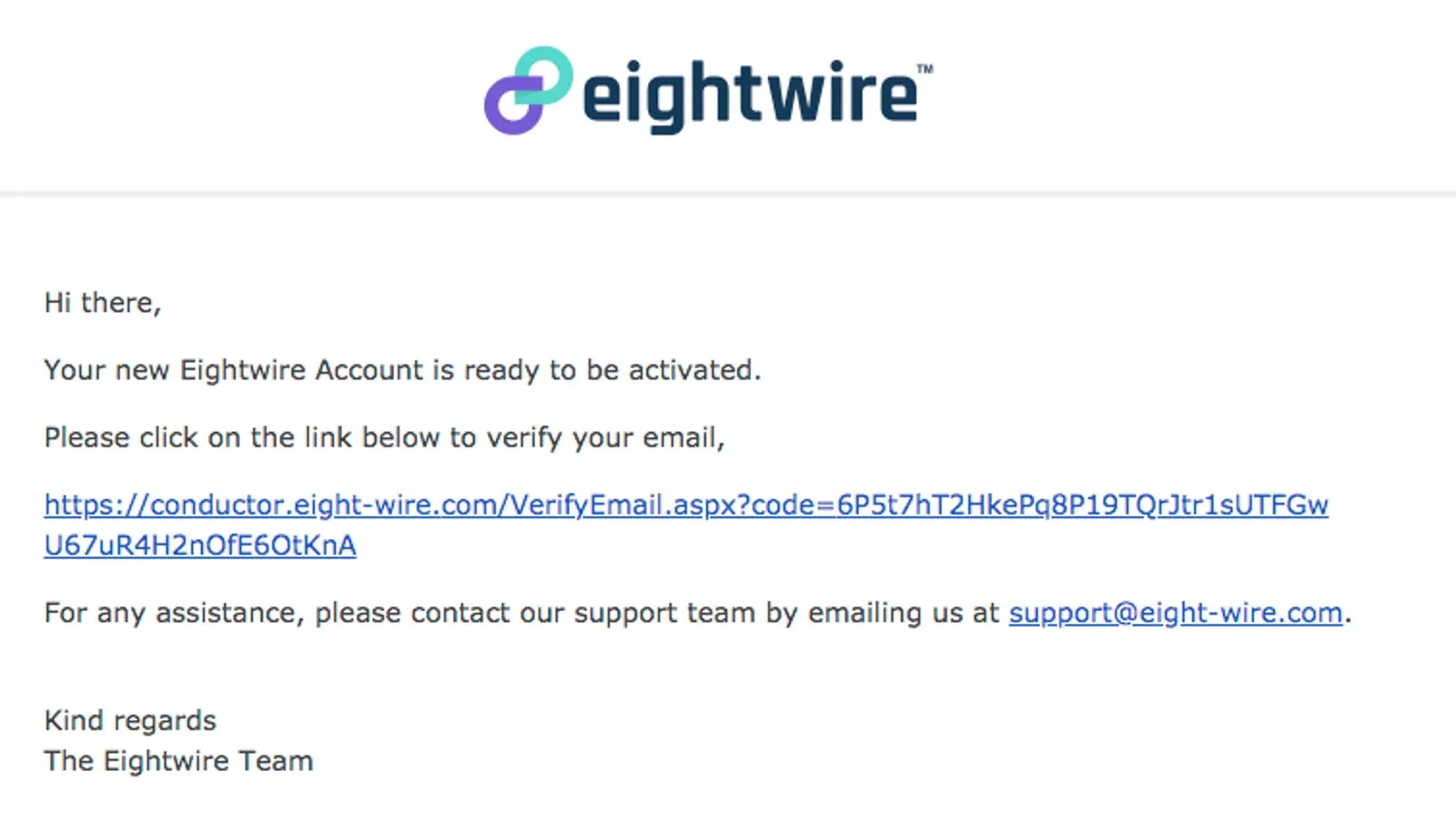 Eightwire verification email with the conductor.eight-wire.com VerifyEmail link to click to activate the Account