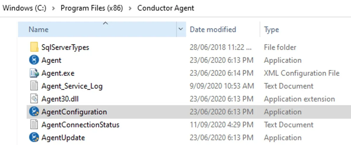 Conductor Agent install folder in File Explorer with the AgentConfiguration application highlighted