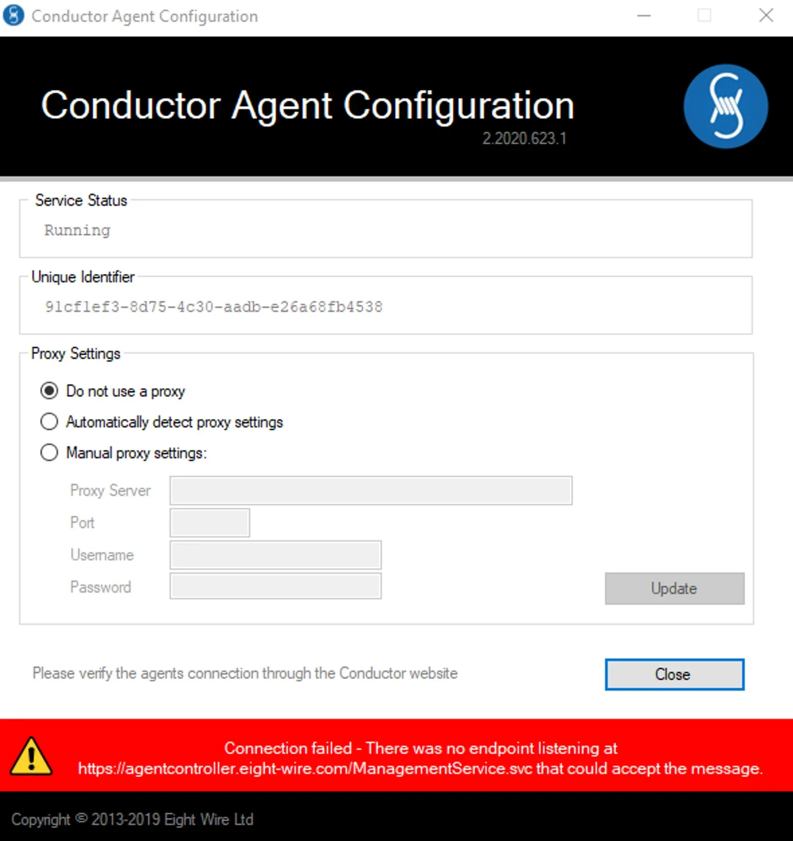 Conductor Agent Configuration window showing Service Status Running, Proxy Settings and a red Connection failed error banner