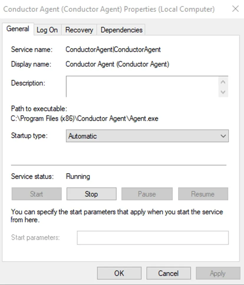 Conductor Agent Properties dialog General tab showing Service status Running with the Start and Stop buttons
