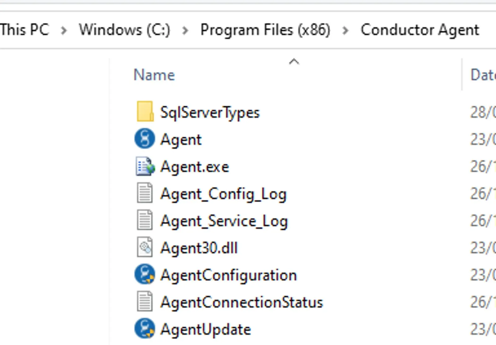 File Explorer in the Program Files (x86) Conductor Agent folder, showing the AgentUpdate application