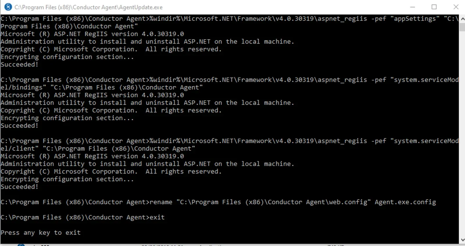 AgentUpdate.exe console window showing Succeeded! after each configuration step and the Press any key to exit prompt
