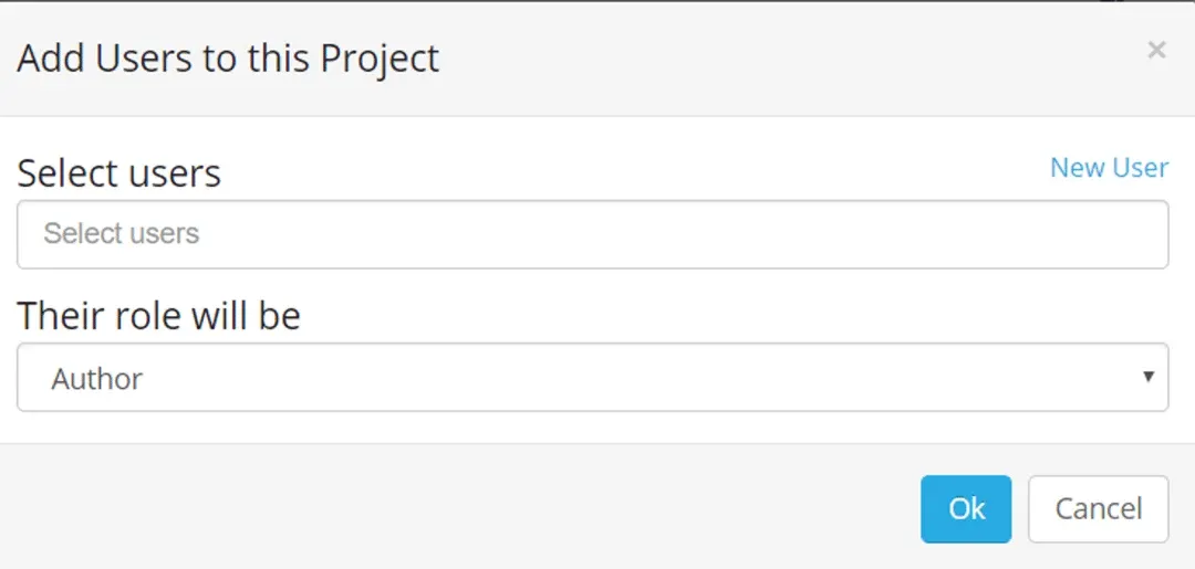 Add Users to this Project dialog with the Select users field, the Their role will be dropdown set to Author and the Ok button
