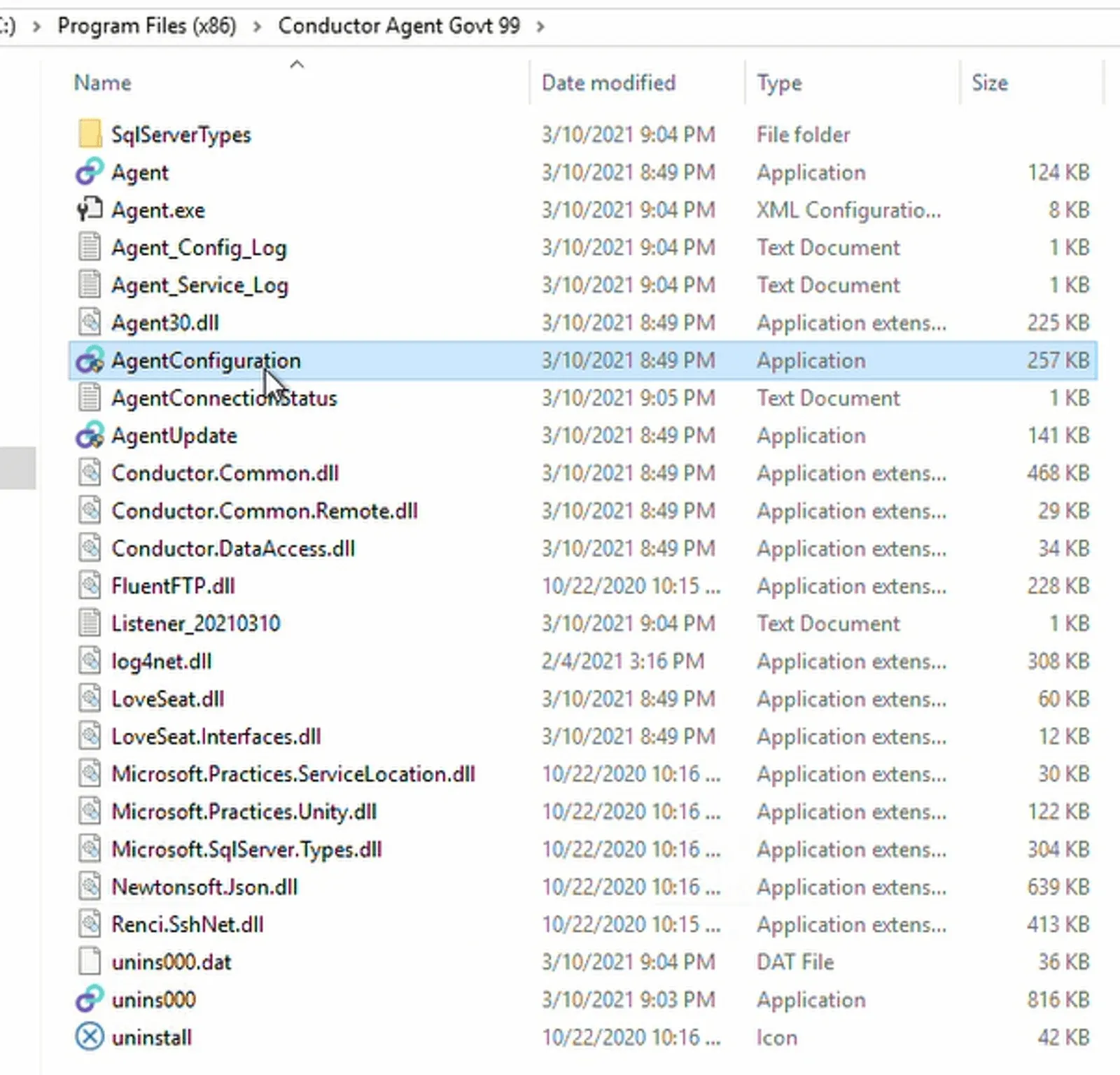 Windows Explorer view of the Conductor Agent folder in Program Files (x86) with the AgentConfiguration application selected