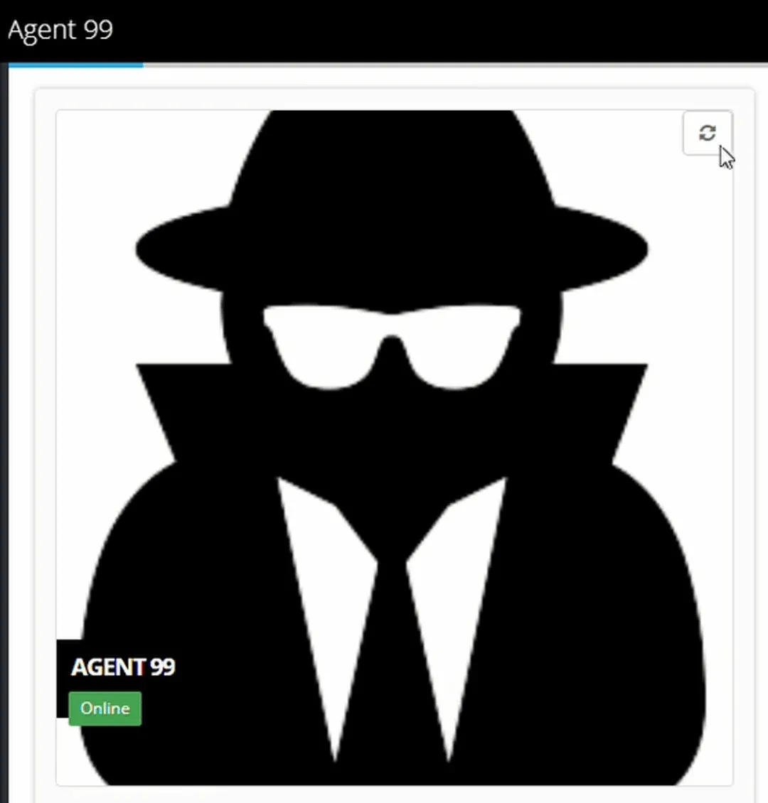 Agent 99 page with the cursor on the refresh icon at the top right and the Agent label showing Online