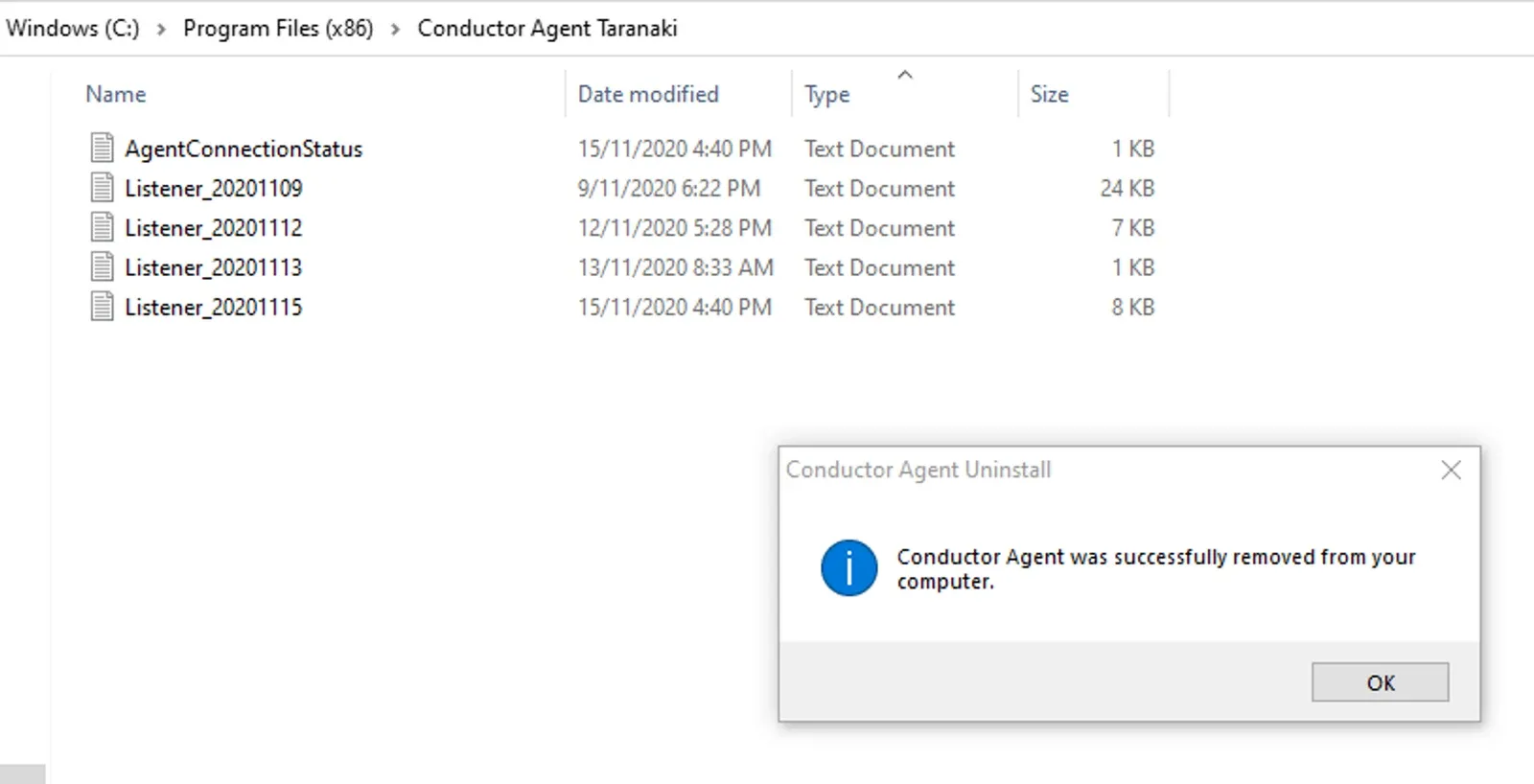 Conductor Agent Uninstall dialog confirming successful removal with an OK button; remaining text documents in the Agent folder