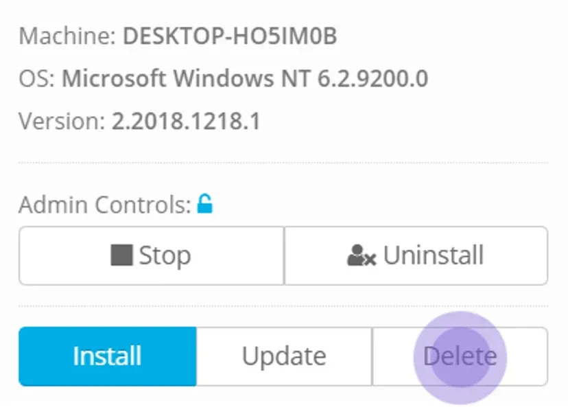 Agent page details panel with Machine, OS and Version, Admin Controls Stop and Uninstall, and the Delete button highlighted
