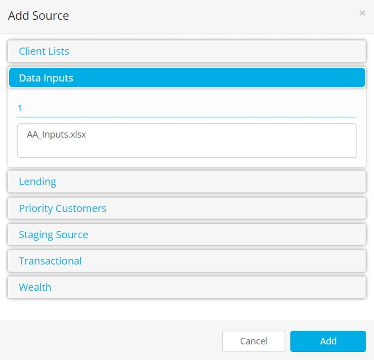 Add Source dialog with the Data Inputs datastore expanded to show AA_Inputs.xlsx, and the Add button