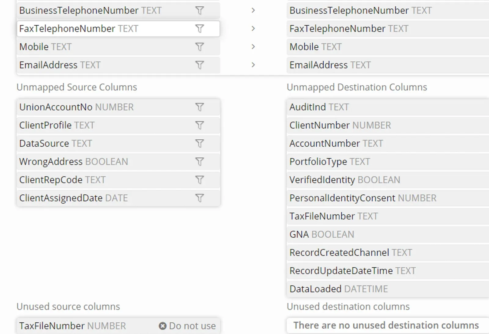Mapping screen with mapped columns joined by grey arrows, Unmapped Source and Destination Columns, and TaxFileNumber marked Do not use