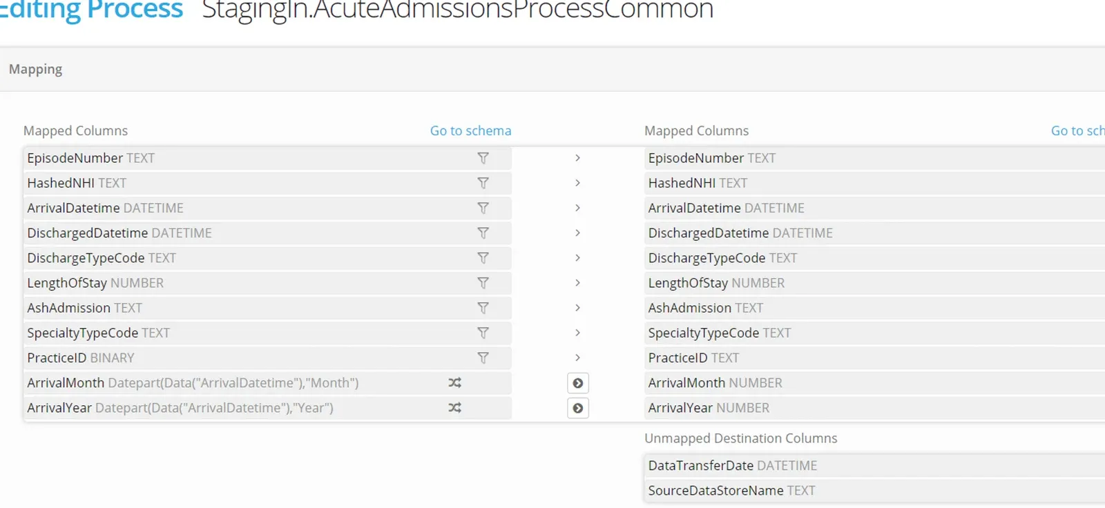 Mapping panel with ArrivalMonth and ArrivalYear expression columns mapped to the ArrivalMonth and ArrivalYear NUMBER destinations