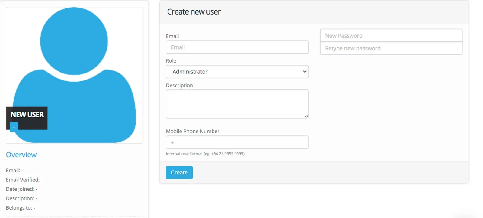 Create new user form with Email, Role, Description, Mobile Phone Number and New Password fields and the Create button