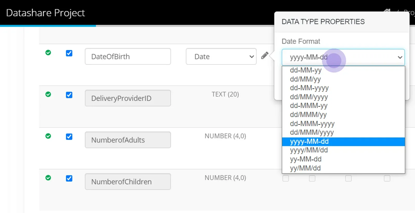 Data Type Properties panel for the DateOfBirth column with the Date Format dropdown open and yyyy-MM-dd selected