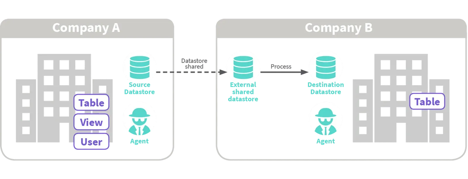 Company A's Source Datastore is shared (dashed arrow) into Company B as an External shared datastore; a Process arrow loads it into B's Destination Datastore.