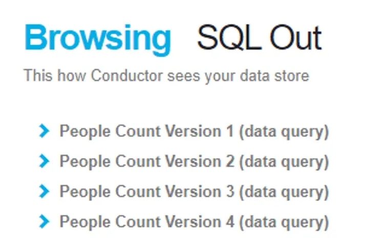 Browsing SQL Out view listing People Count Version 1 to 4, each suffixed (data query)