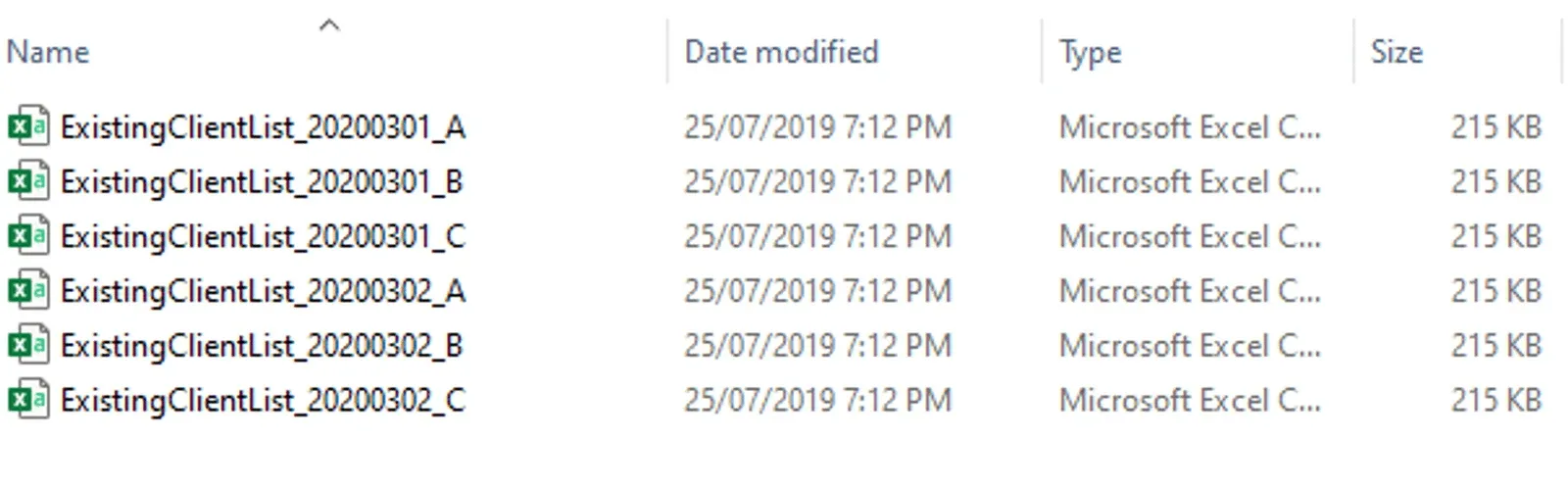 File Explorer listing six files ExistingClientList_20200301_A to ExistingClientList_20200302_C with Date modified column