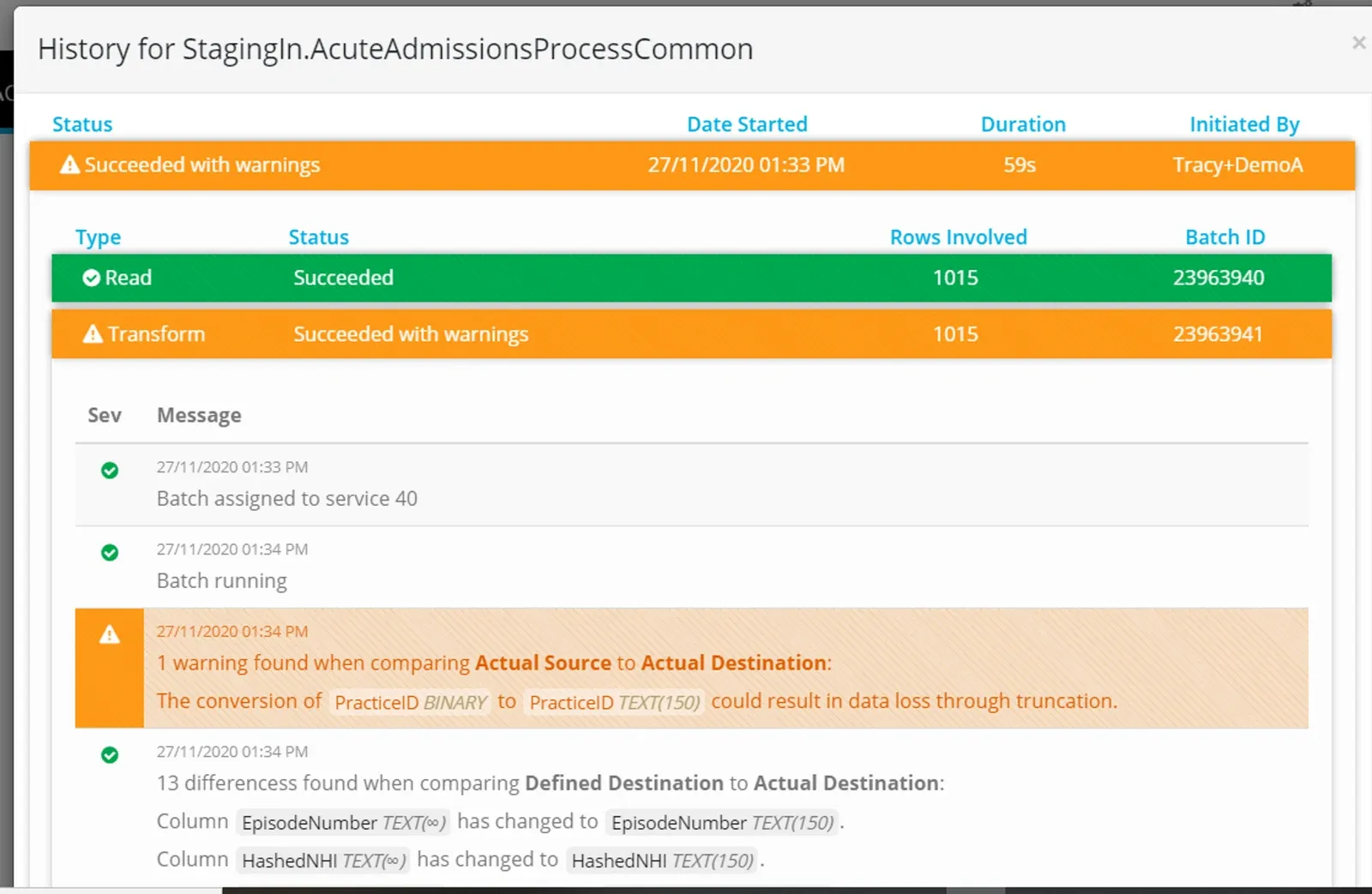 Reading the Process Batch Log (screenshot)
